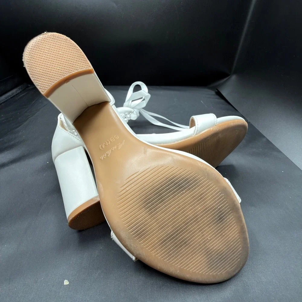 Aris White Pearl Ribbon Tie Block Heel Sandals Faux Leather Wedding Shoes 6
